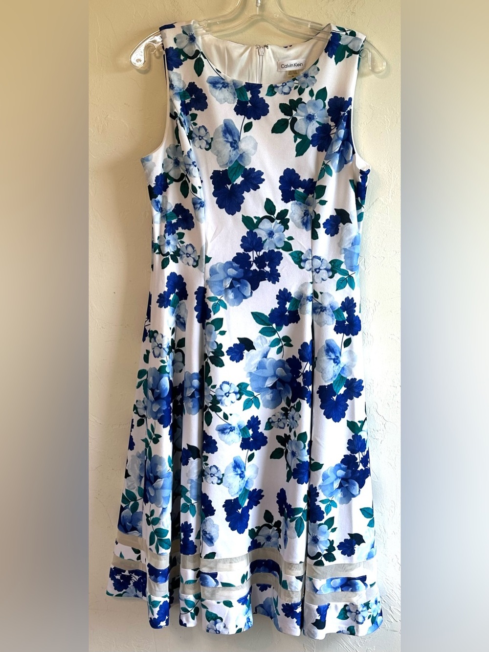 Calvin Klein White/Blue Floral Print Wedding Guest Modest Career Dress Sz 10